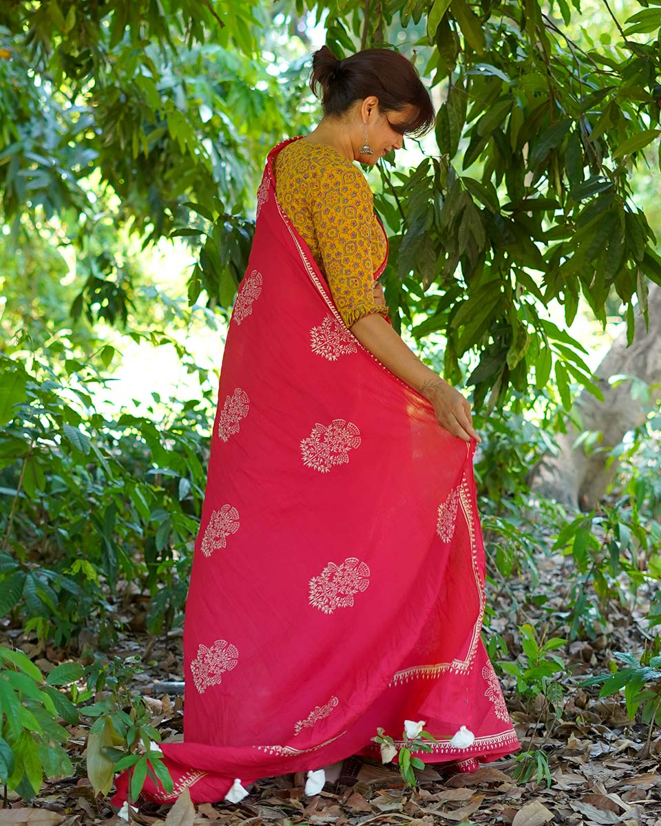 Walking Barefoot Red Hand Block Printed Cotton Saree - UMT