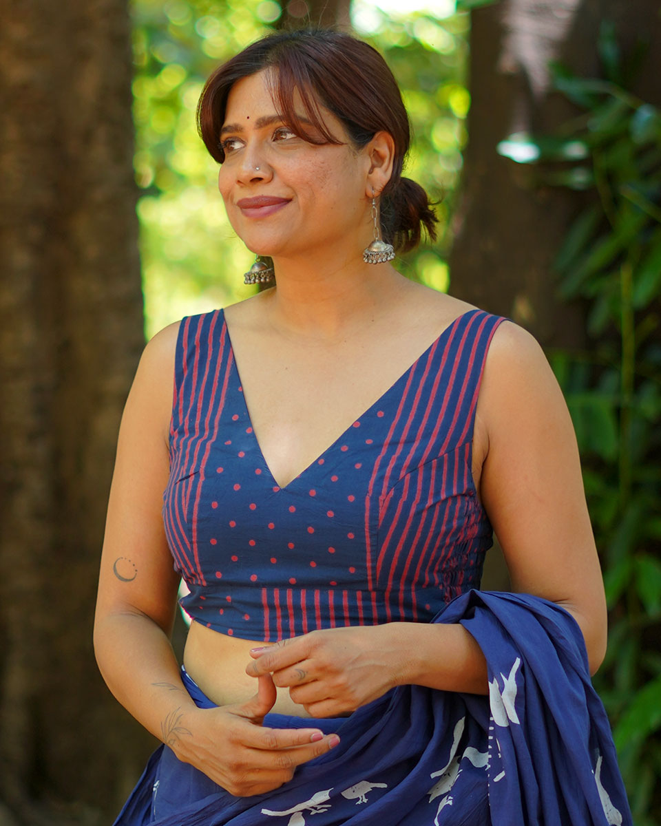 Playing till sunset Indigo Hand Block Printed Cotton Blouse - UMT