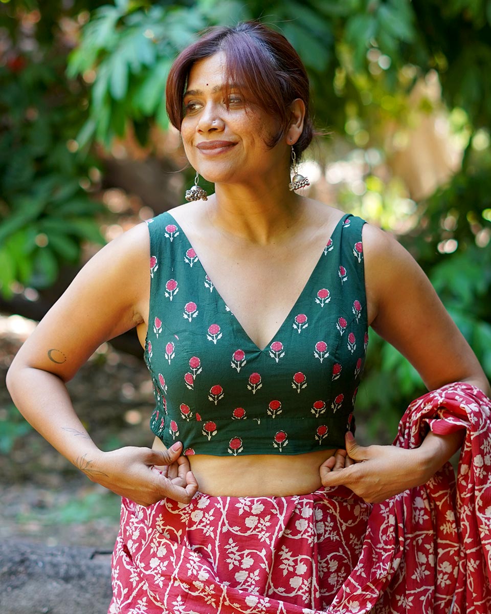 Watching kites fly Green Hand Block Printed Cotton Blouse - UMT