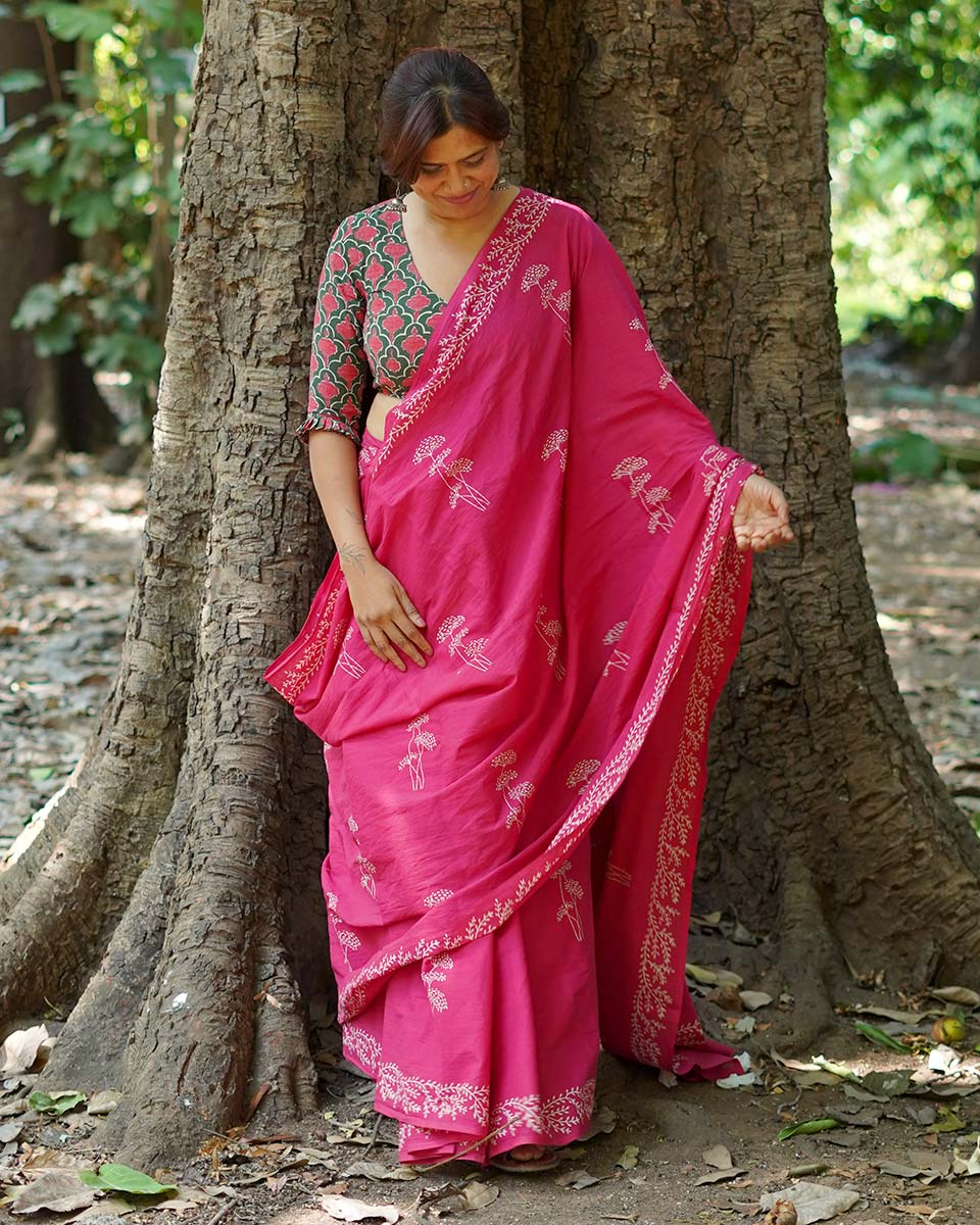 Lying on grass Pink Hand Block Printed Cotton Saree - UMT