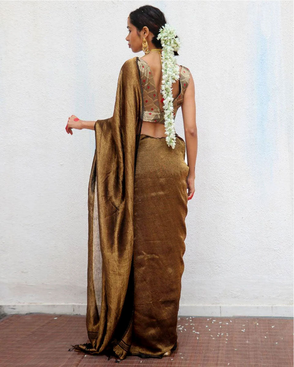 Mrinal Brown Handwoven Linen Zari Saree