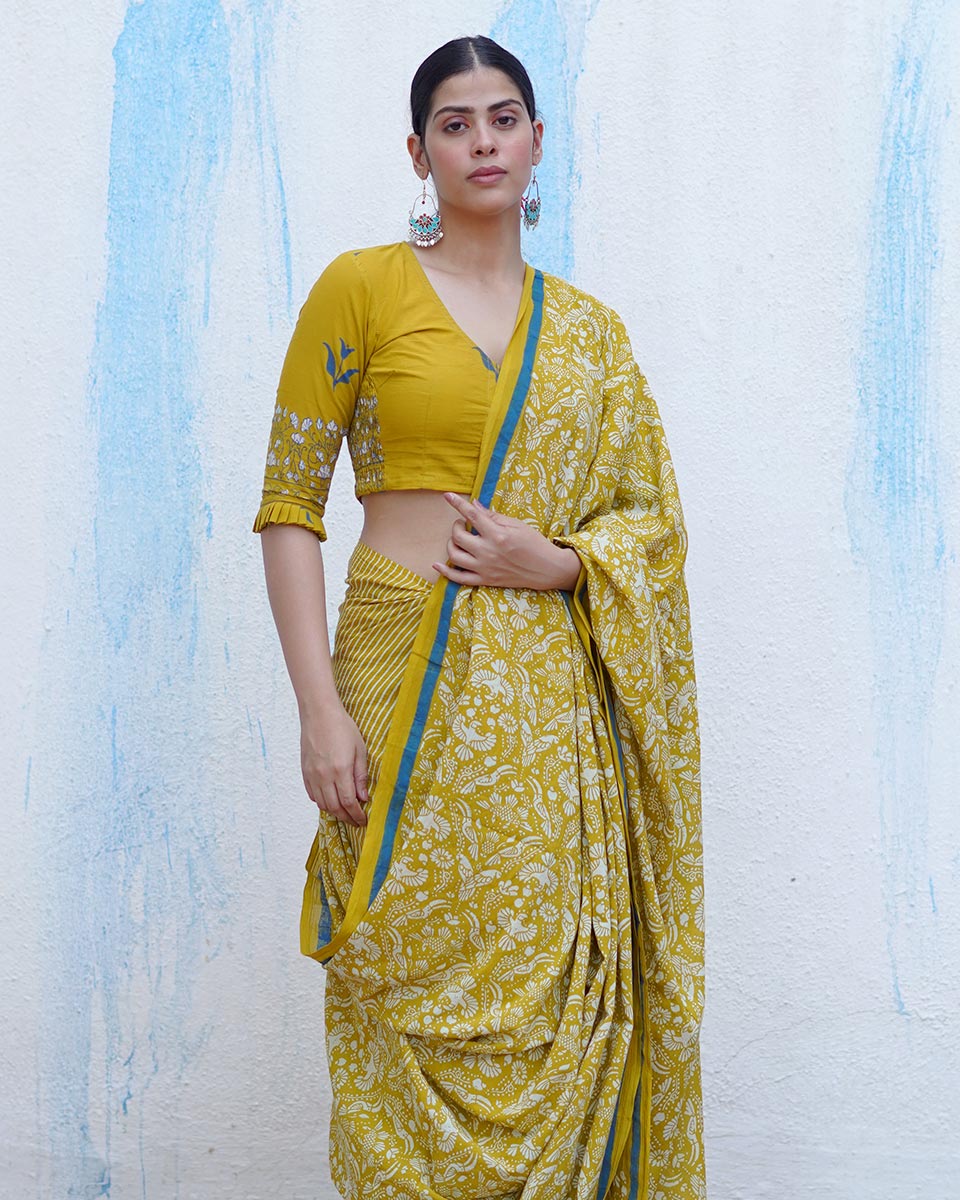 Pakhi Yellow Handblock Print Cotton Saree - BFG