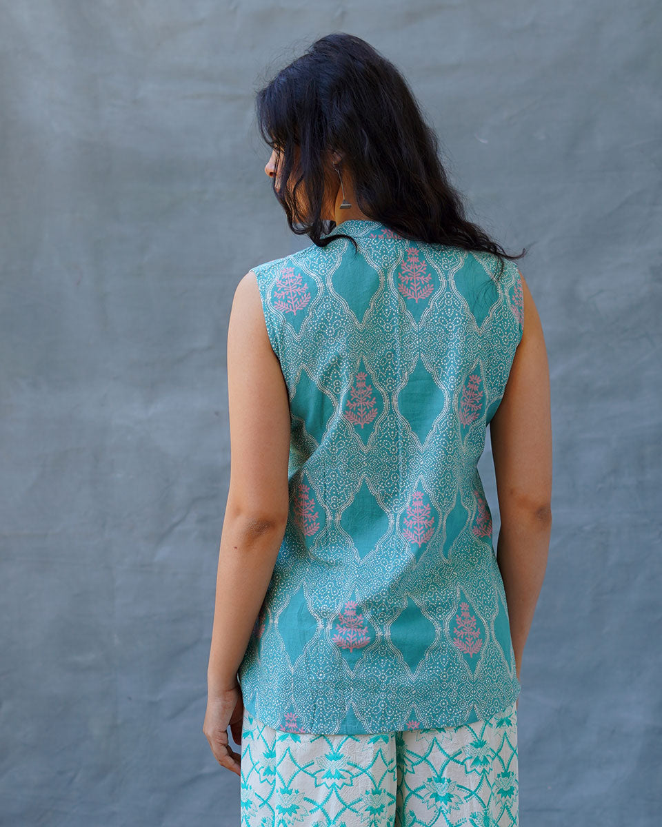 Frangipani’s Freshness Teal Green Block Printed Top - MMG