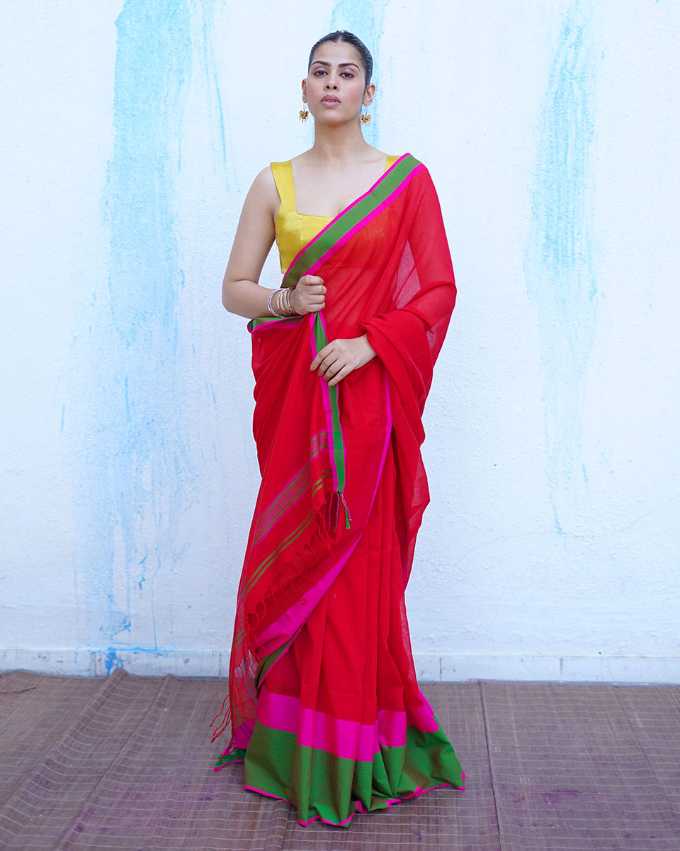Eos Red With Green Handwoven Cotton Saree - NTC