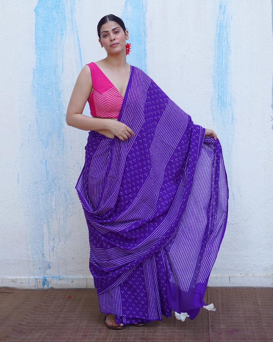 Chidiya Purple Handblock Print Cotton Saree - BFG