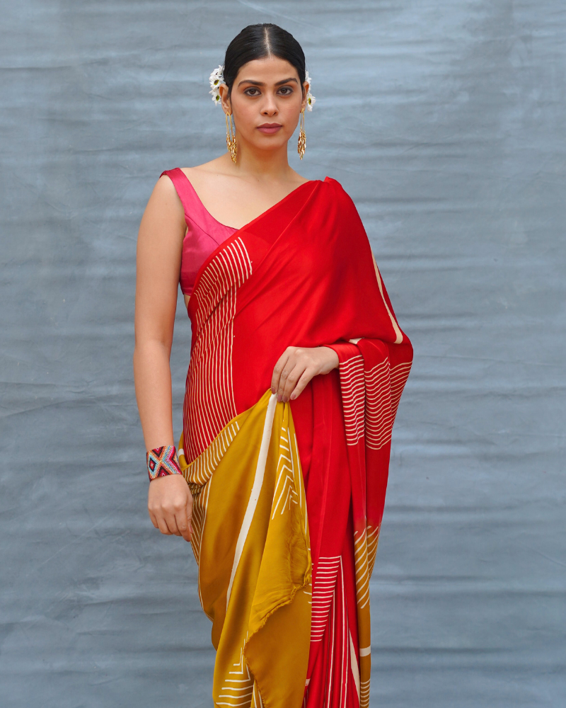 Gentle Fall Red Handblock Print Modal Silk Saree - Flow