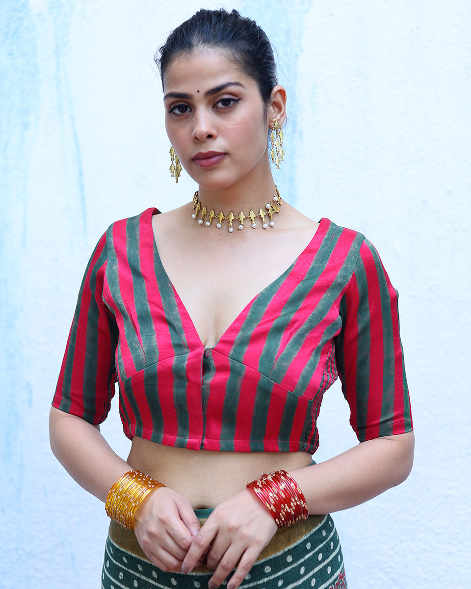 Tajalli Red With Green Handblock Print Mashru Silk Blouse - RSH
