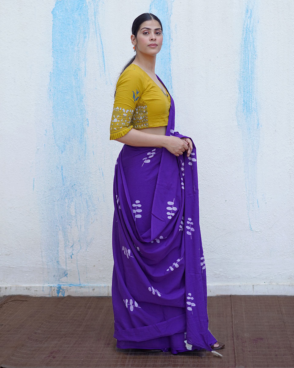 Kuhu Purple Handblock Print Cotton Saree - BFG