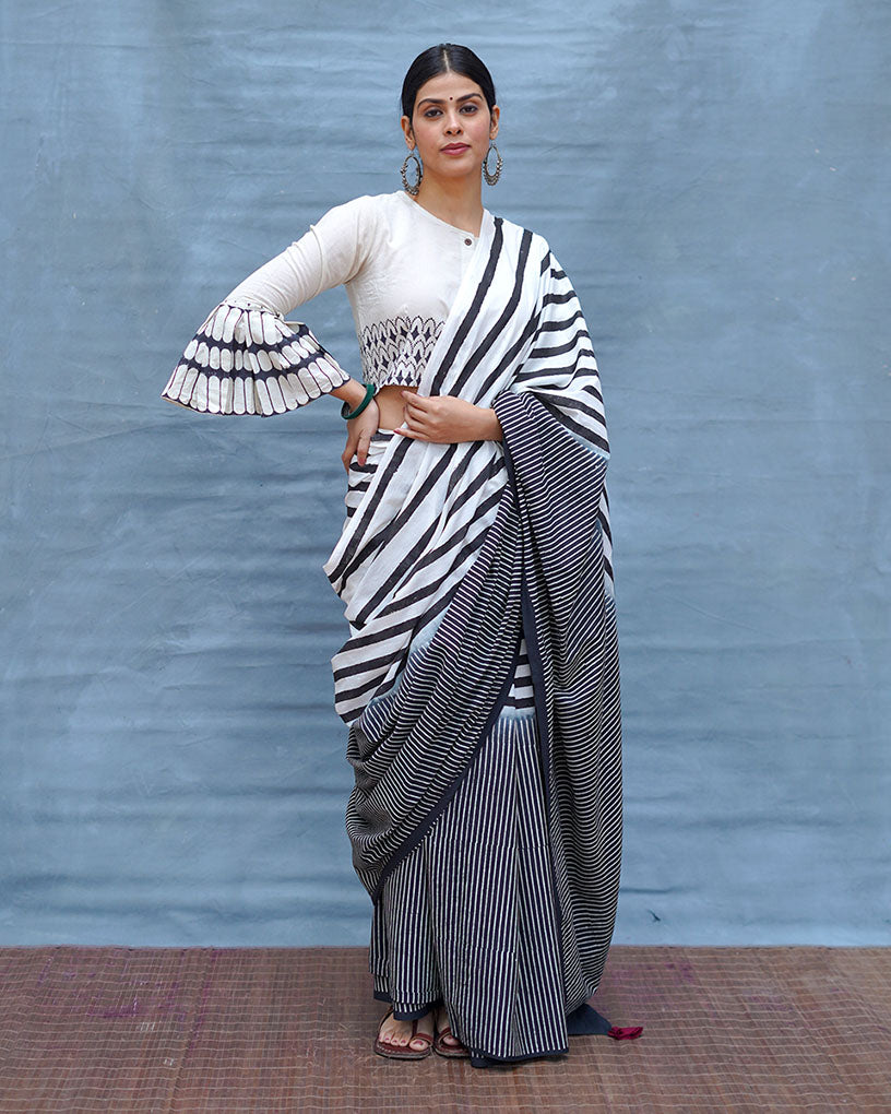 Black or White Handblock Print Cotton Saree - M&M