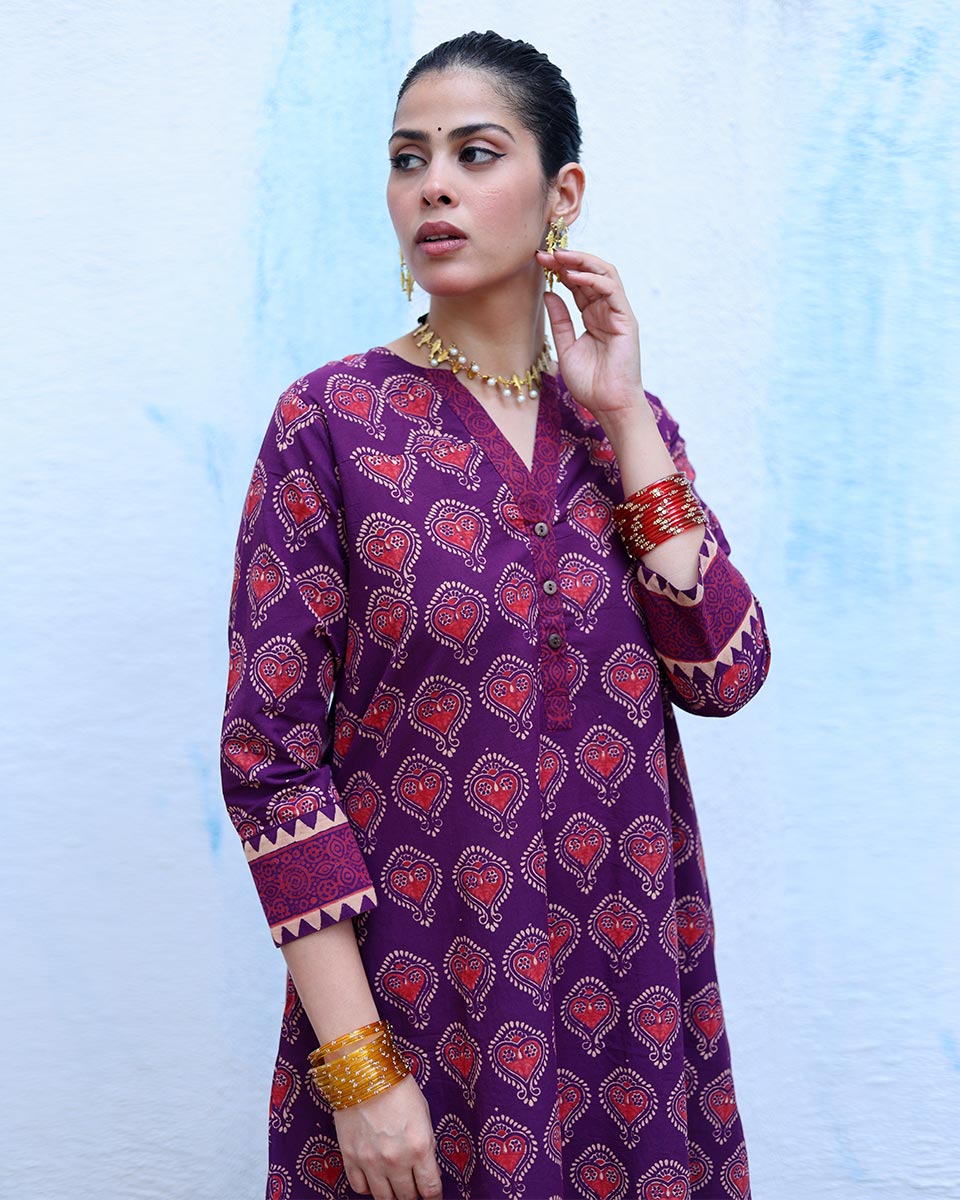 Jugni Purple Handblock Print Cotton Kurta Set - RSH