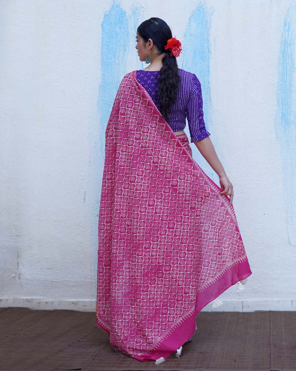 Phulpari Pink Handblock Print Cotton Saree - BFG