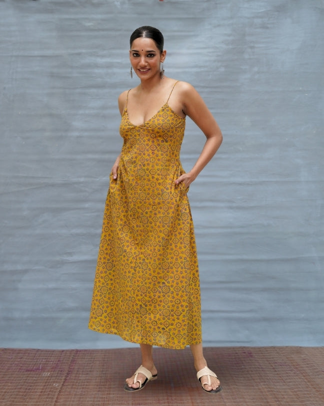Worm Moon Yellow Handblock Print Cotton Dress - MNCH