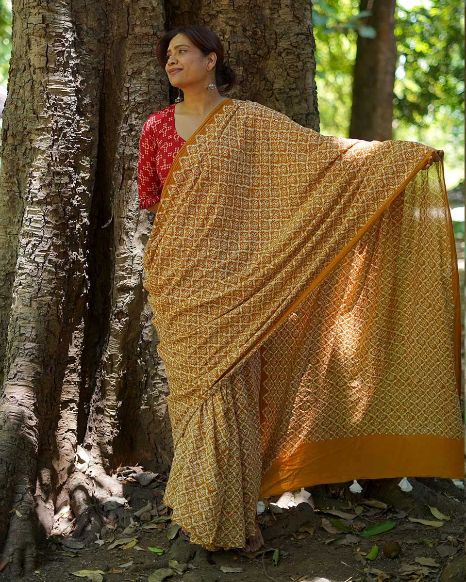Under Open Skies Mustard Hand Block Printed Cotton Saree - UMT