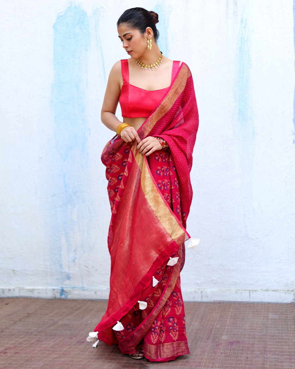 Mehr Pink Handblock Print Linen Saree - RSH
