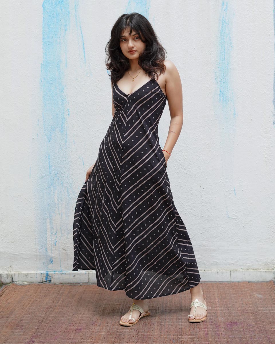 Snow Moon Black Handblock Print Cotton Dress - MNCH