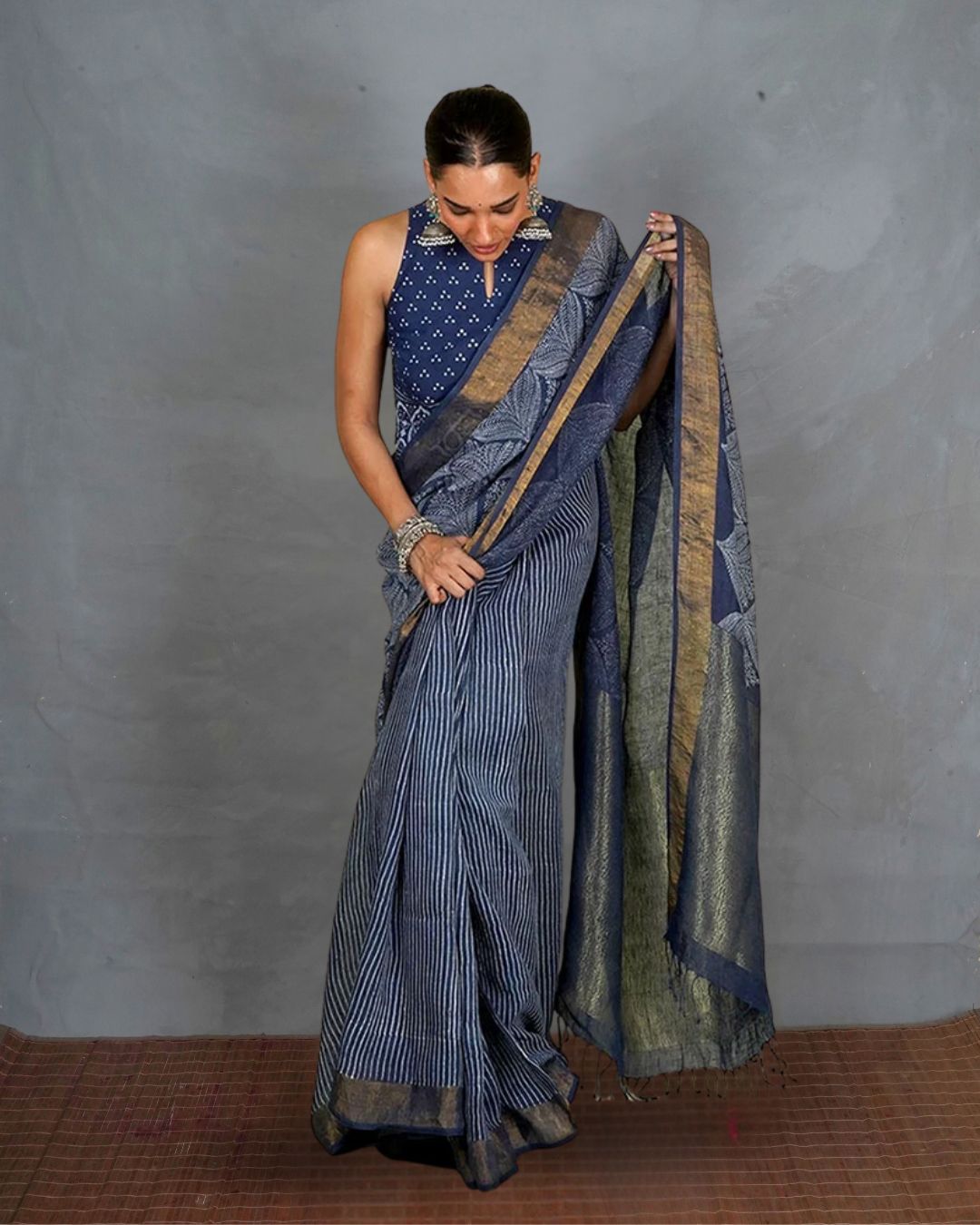 Malhari Blue Handblock Print Linen Saree - INDI