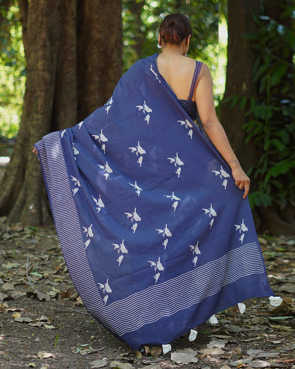 Mehekti Khushboo Blue Hand Block Printed Cotton Saree - UMT