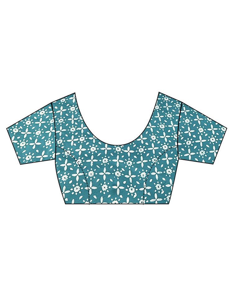 Sea Blue Blockprinted Modal Silk Saree Bel