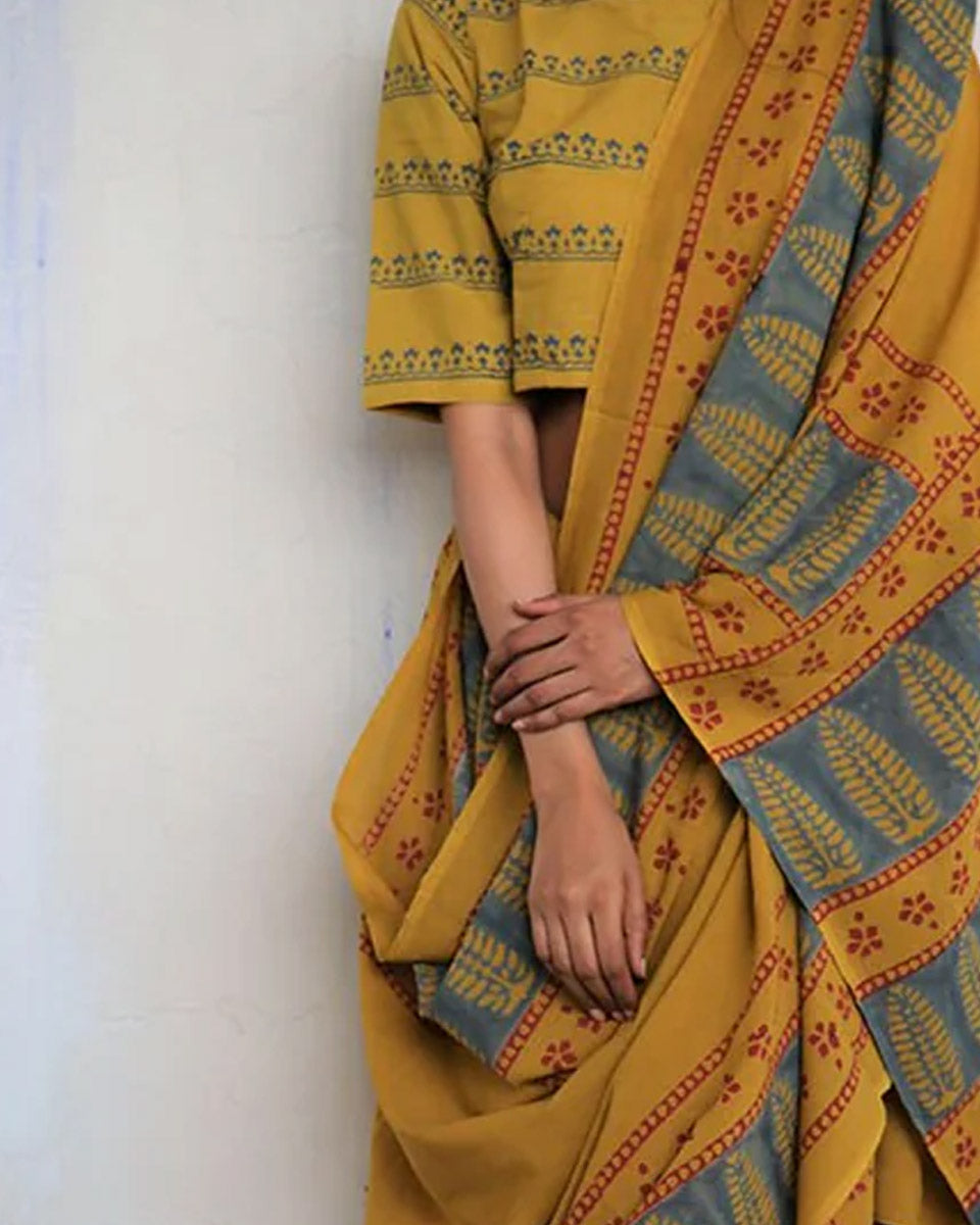 Mustard Block Printed Cotton Mul Saree - God