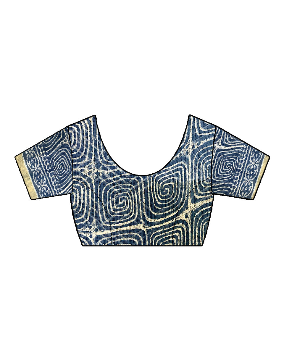 Midnight Sky Blue Block Printed Kota Doria Saree - INDI