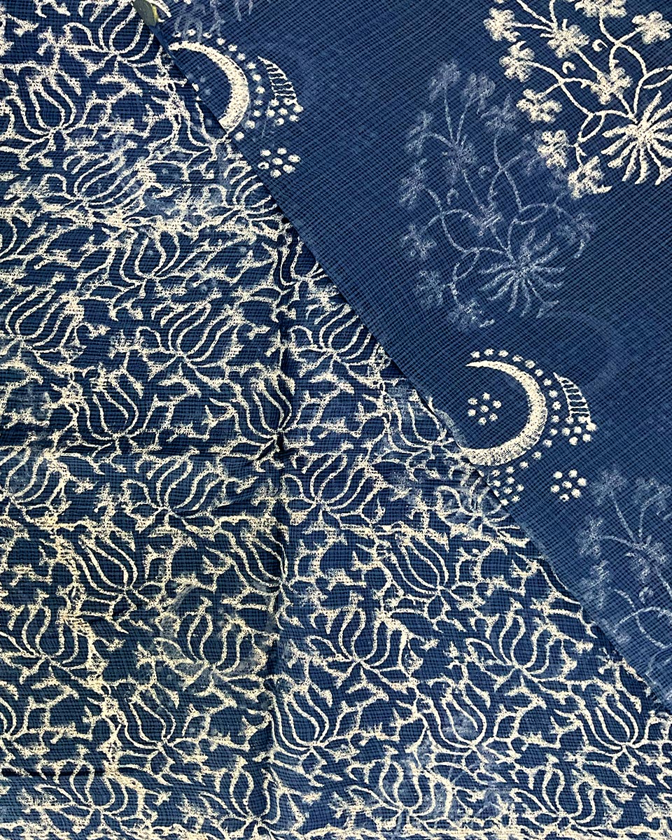 Moon water Blue Block Printed Kota Doria Saree - INDI