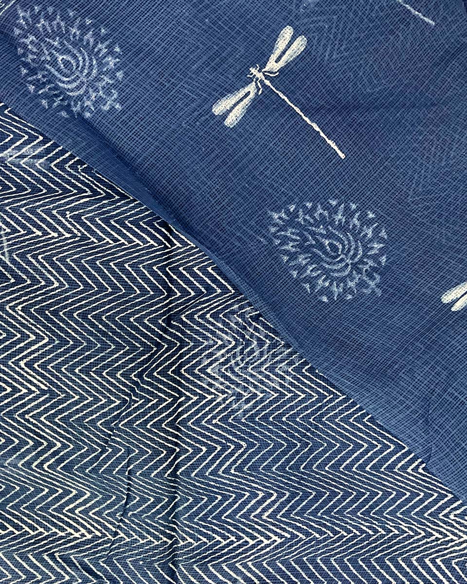 Indigo Shore Blue Block Printed Kota Doria Saree - INDI