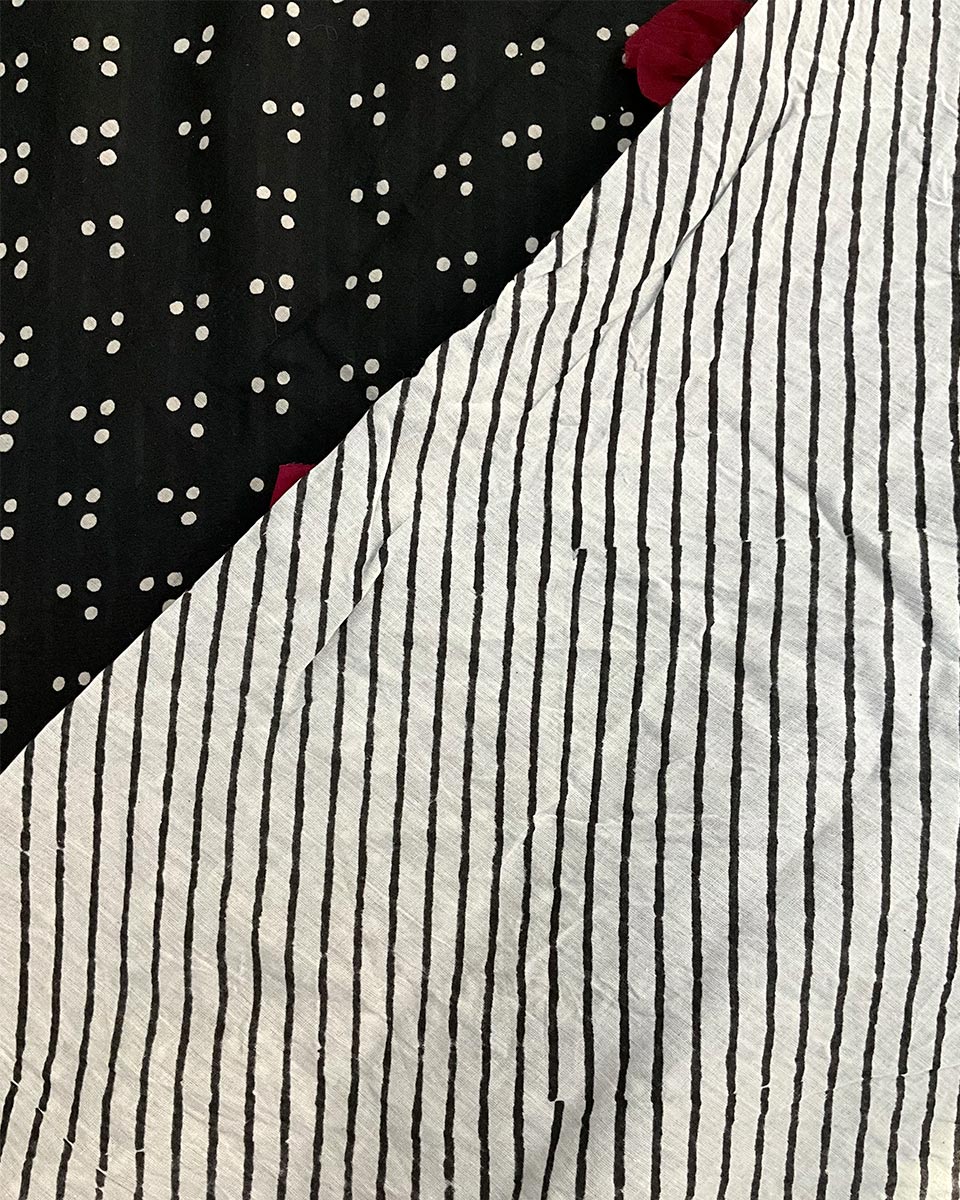 B&W Muse Black & White Handblock Print Cotton Saree - MIS