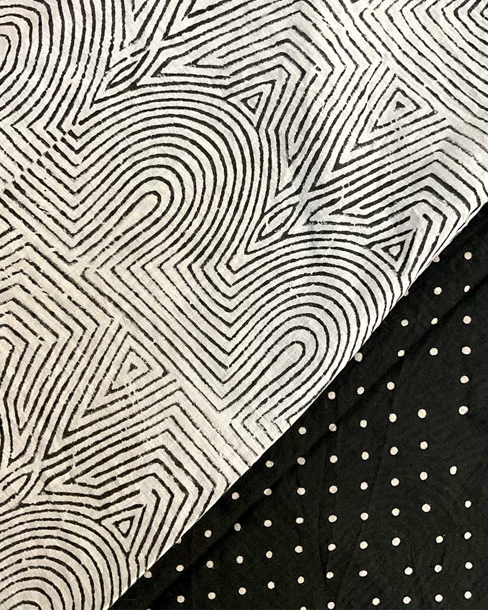 Vintage Poem Black & White Handblock Print Cotton Saree - MIS