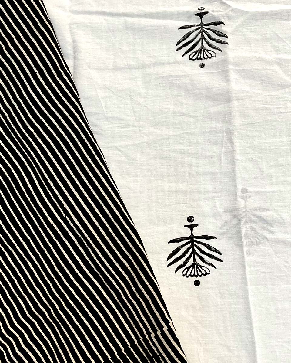 Moon & Mist Black & White Handblock Print Cotton Saree - MIS