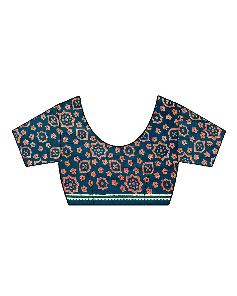 Cold Moon Blue Handblock Print Cotton Saree - MNCH