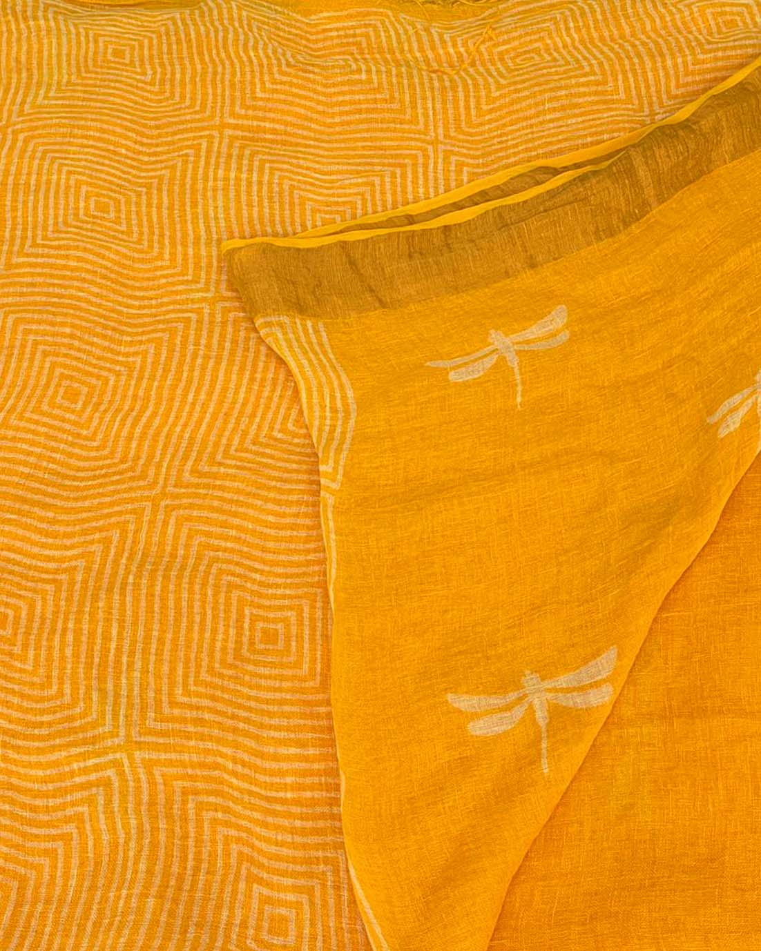 Roshni Yellow Handblock Linen Saree - TARA