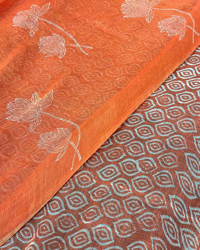 Meher Orange Handblock Linen Saree - TARA