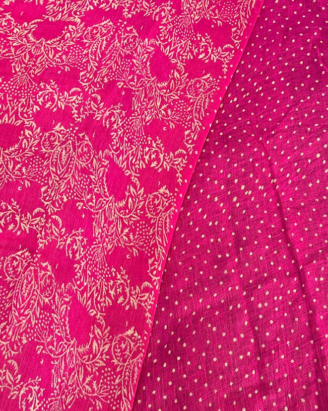 Fiza Pink Handblock Linen Saree - TARA