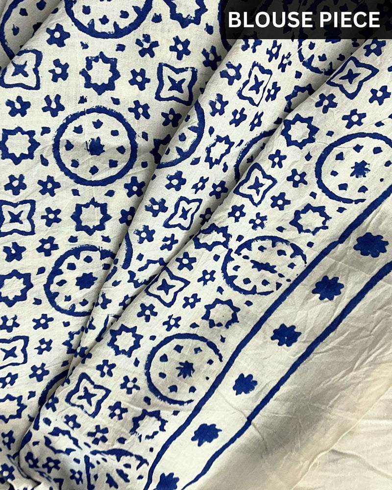 Ivory Blue Block Printed Cotton Mul Saree