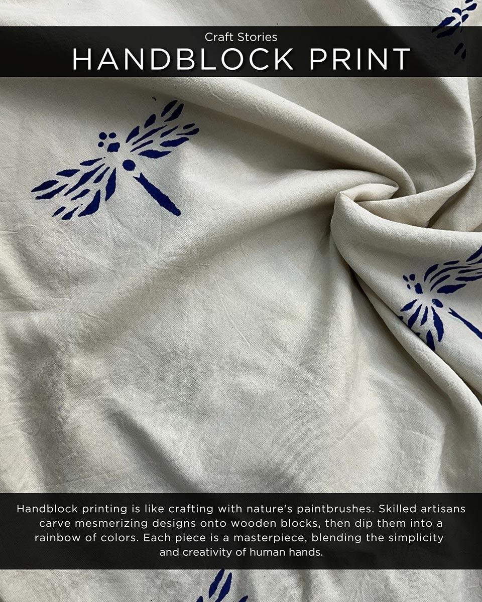 Beige Blue Blockprinted Dragonfly Sleeveless Cotton Dress