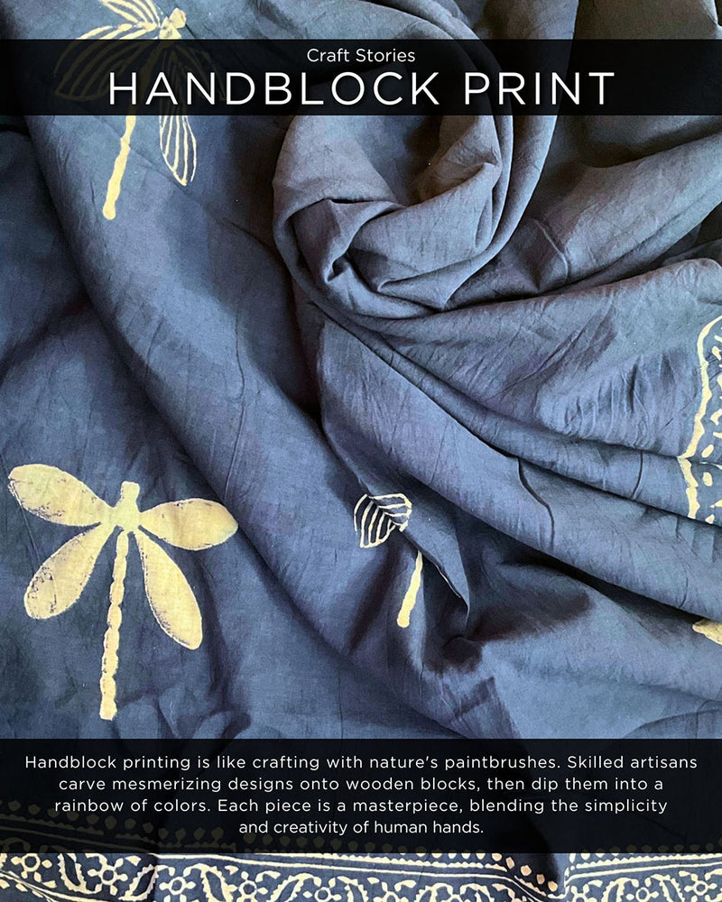 Dragonfly Meadow Hand Blockprinted Cotton Saree