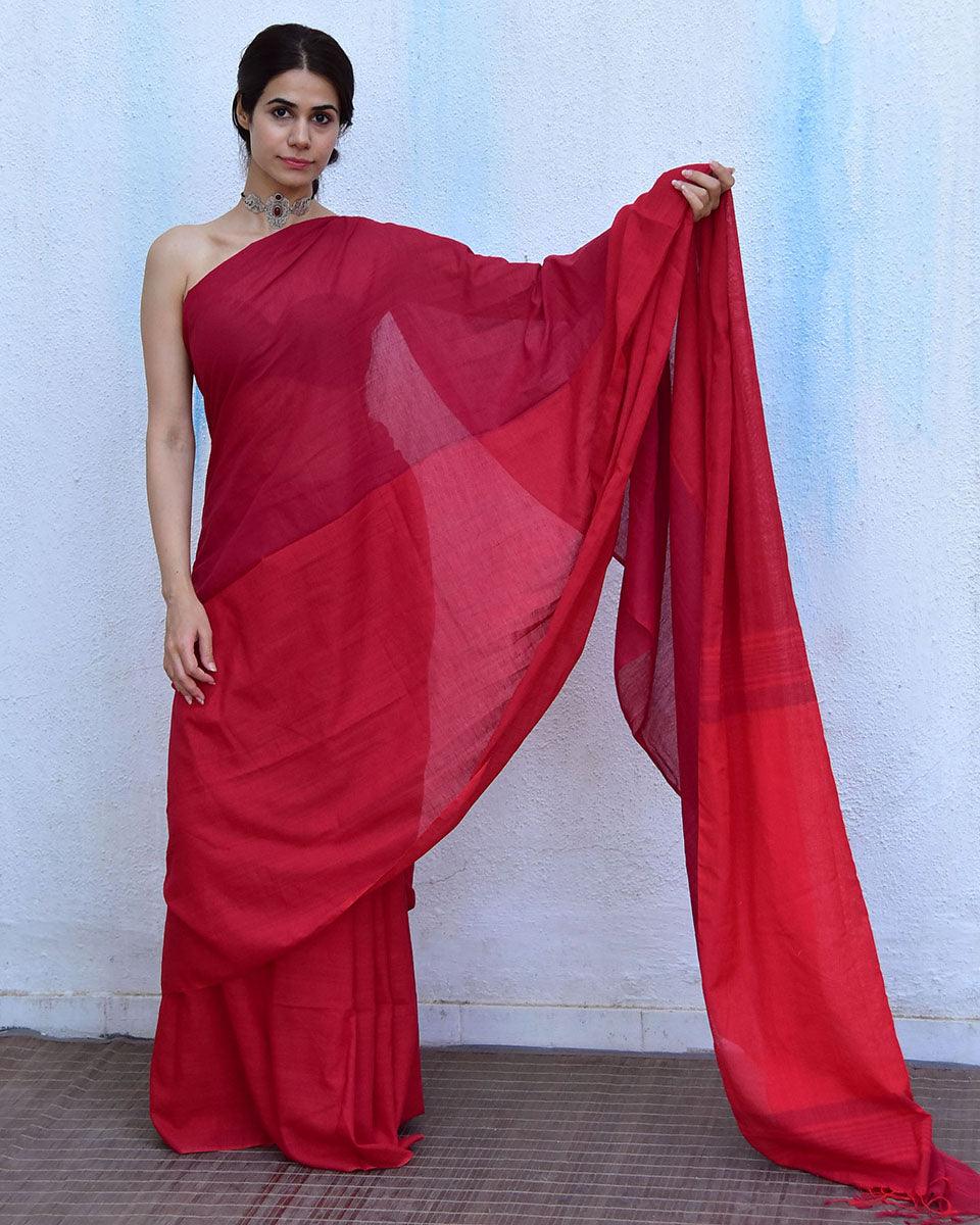 Shop Blush Red Handwoven Cotton Saree Sarees