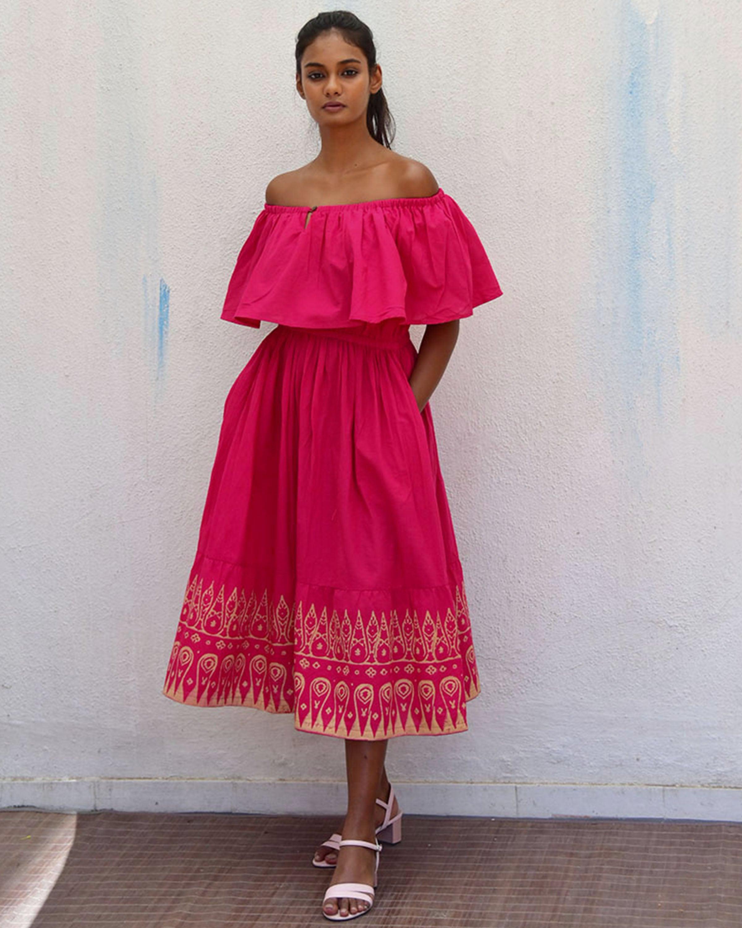 Rani Off Shoulder Handblockprinted Cotton Dress-Sor