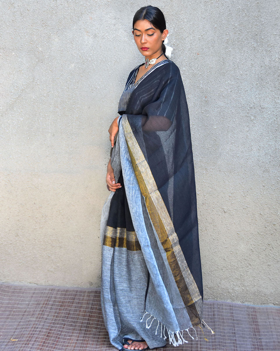 Dione Handwoven Linen Saree-Stardust