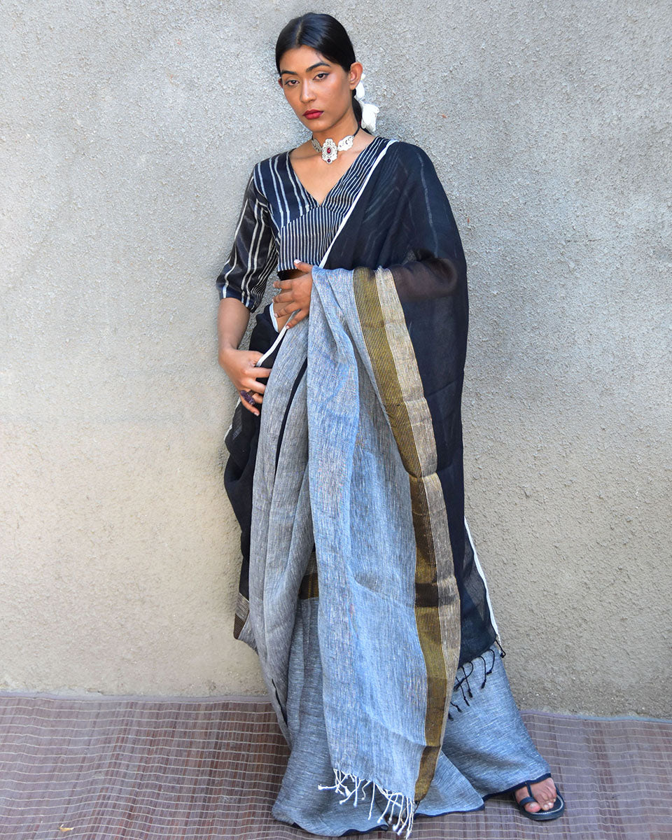 Dione Handwoven Linen Saree-Stardust