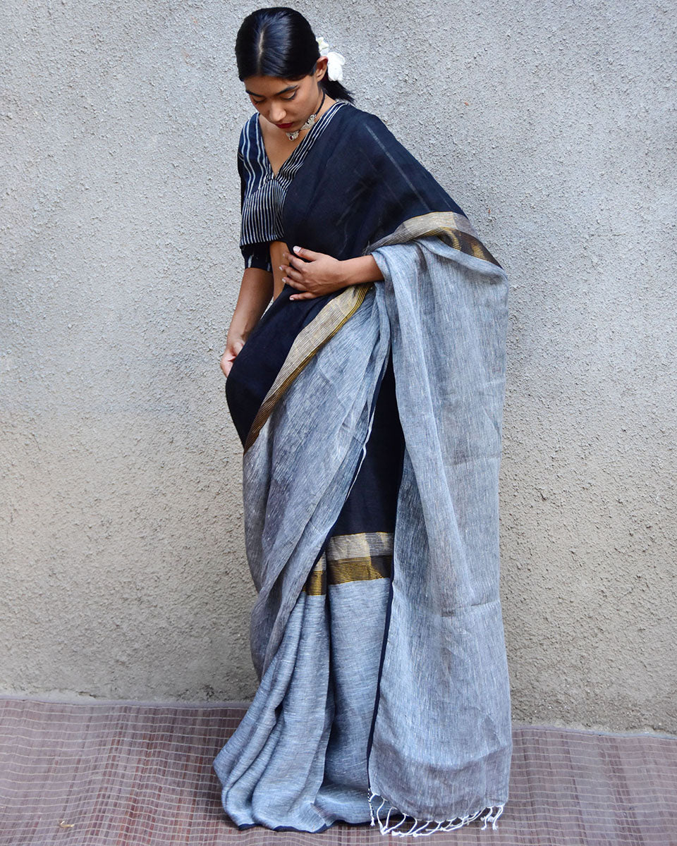 Dione Handwoven Linen Saree-Stardust