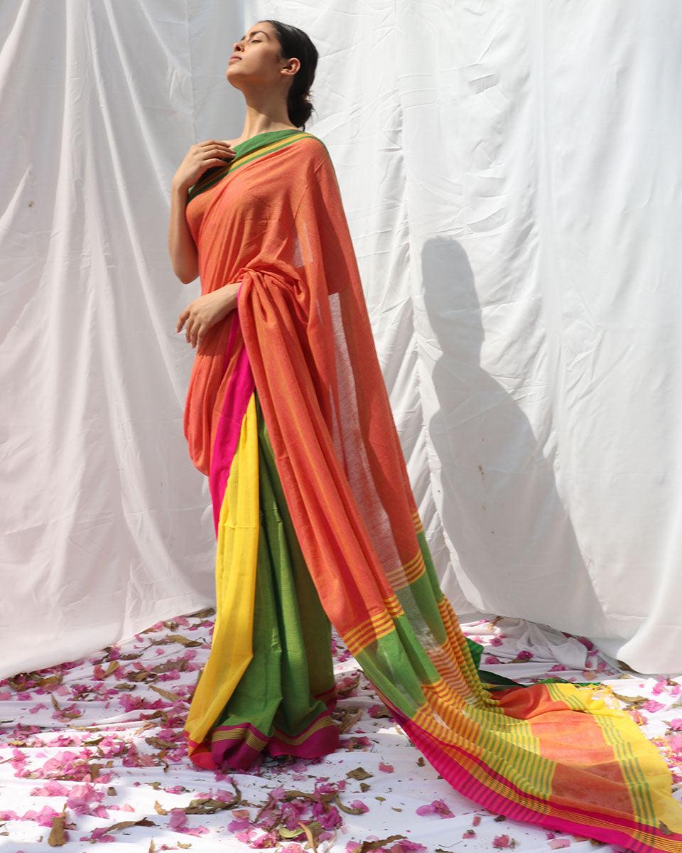 Lorelei Orange Yellow Handwoven Cotton Saree - LIDD