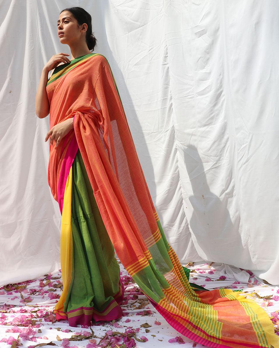 Lorelei Orange Yellow Handwoven Cotton Saree - LIDD