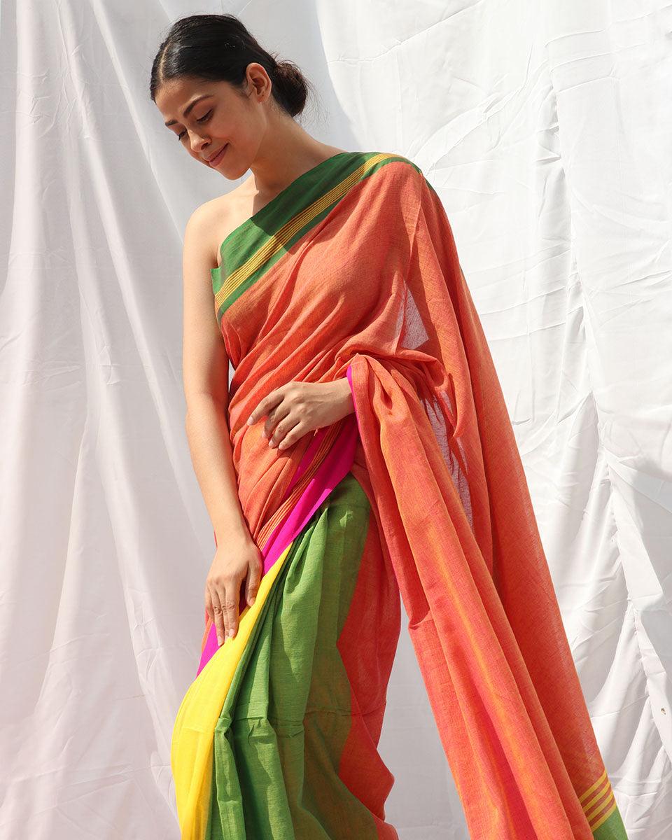 Lorelei Orange Yellow Handwoven Cotton Saree - LIDD
