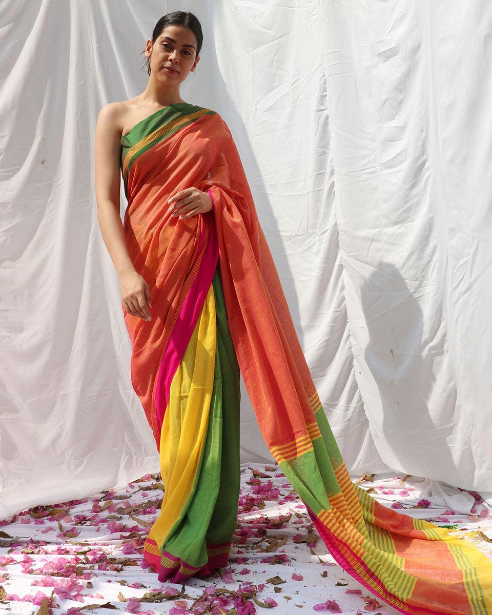 Lorelei Orange Yellow Handwoven Cotton Saree - LIDD