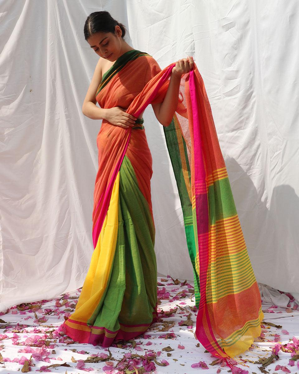 Lorelei Orange Yellow Handwoven Cotton Saree - LIDD