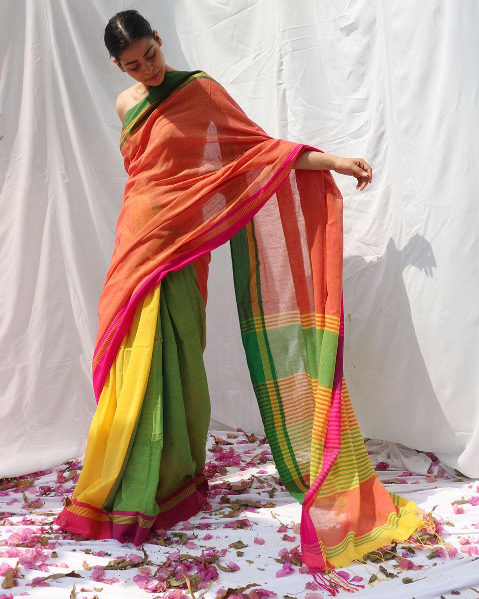 Lorelei Orange Yellow Handwoven Cotton Saree - LIDD