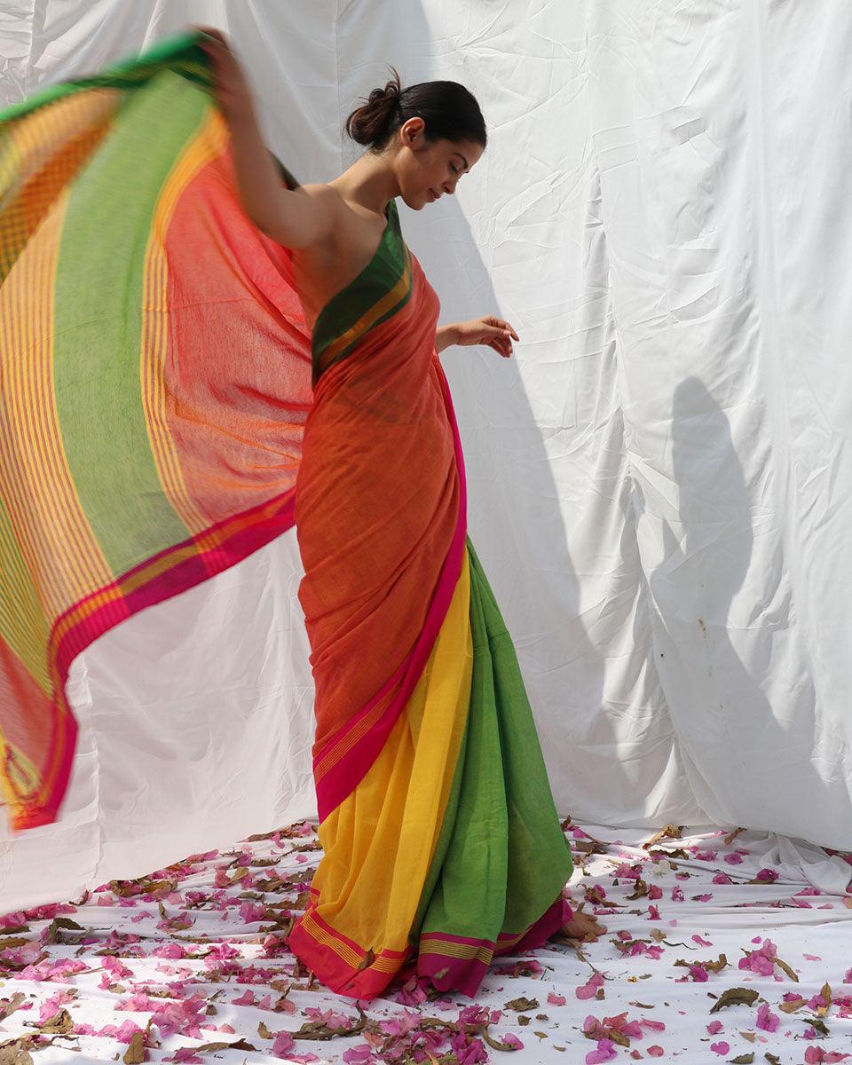 Lorelei Orange Yellow Handwoven Cotton Saree - LIDD