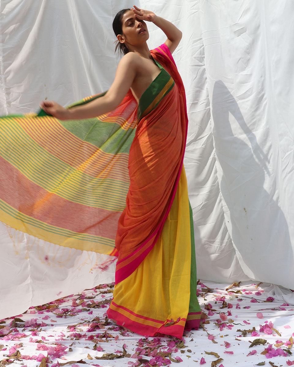 Lorelei Orange Yellow Handwoven Cotton Saree - LIDD