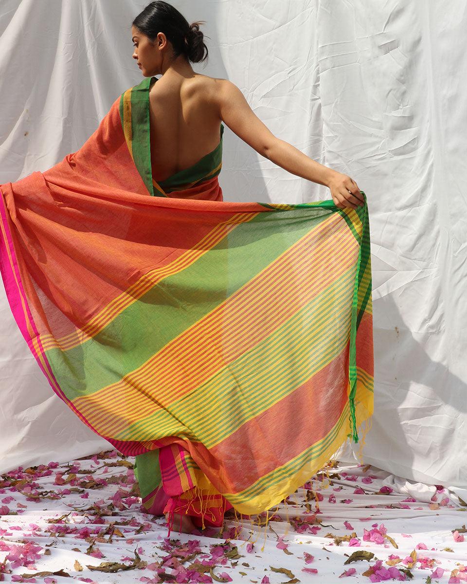 Lorelei Orange Yellow Handwoven Cotton Saree - LIDD